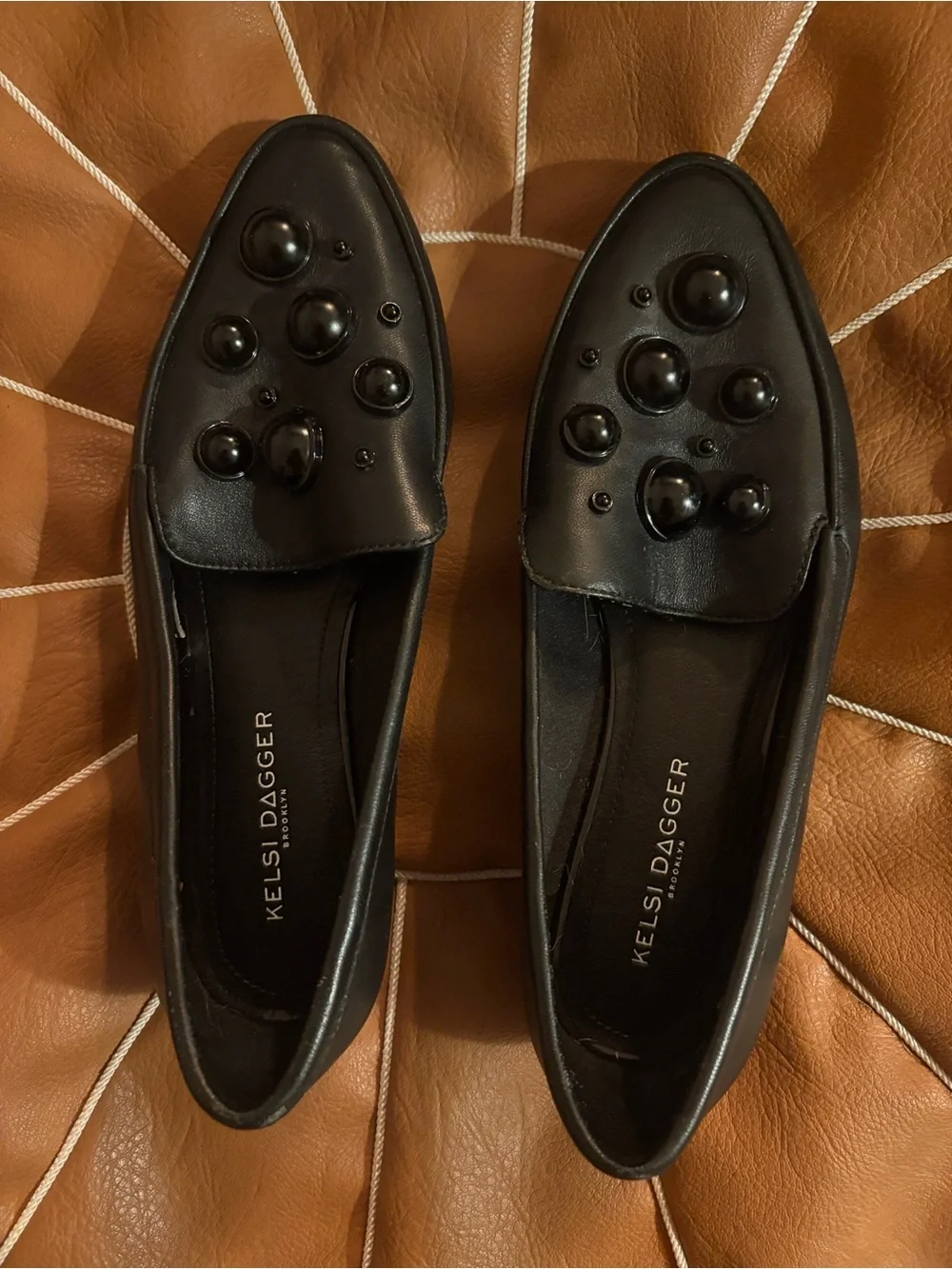 Kelsi Dagger Black Leather Beaded Pointed-Toe Flats